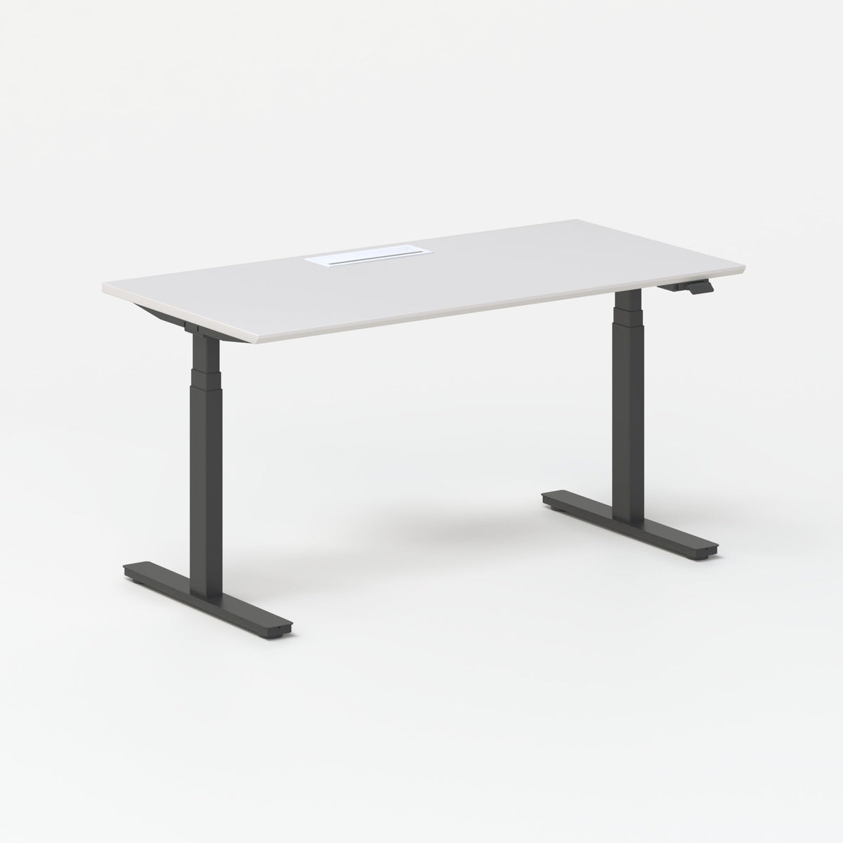 White sit-stand desk with a black frame and a cable tray, shown against a plain studio background