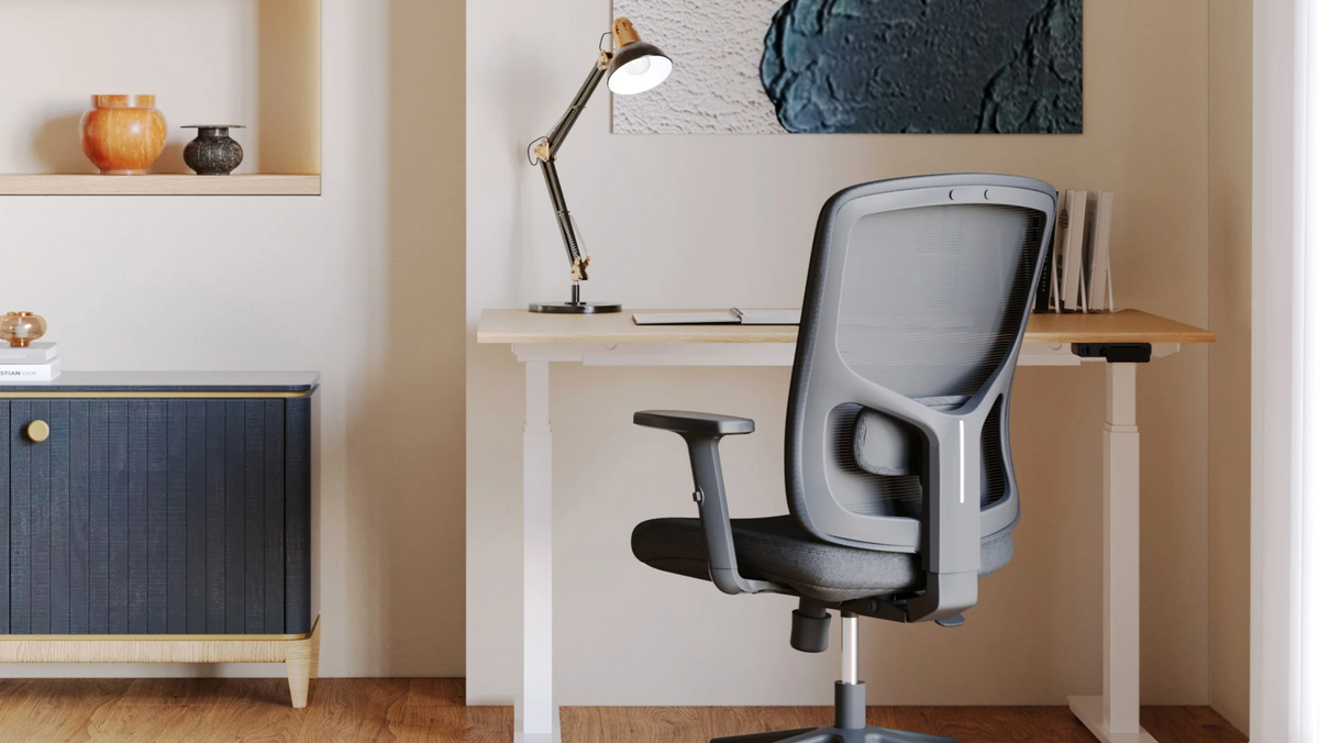 Modern ergonomic office chair with mesh backrest in a minimalist home office setup, designed for comfort and productivity during long work hours.
