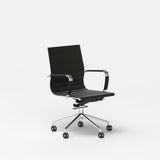 Black conference chair with chrome armrests, chrome base, and caster wheels shown from the front