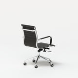 Black conference chair with chrome frame, padded armrests, and caster wheels shown from the rear