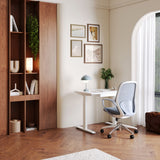 A stylish home office featuring the Ergonomic Seashell Chair with a sculpted backrest, breathable mesh, and a sleek metal base—designed for comfort and support in elegant workspaces.