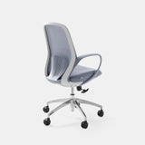 A rear view of the Ergonomic Seashell Chair, showcasing its sculpted backrest with breathable mesh, curved armrests, and a sleek metal base—designed for lumbar support and ergonomic comfort in modern workspaces.