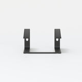 Front view of slim black laptop stand with minimalist metal frame on white background