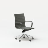 Gray conference chair with chrome armrests, chrome base, and caster wheels shown from the front