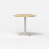 Light oak round bar table with white metal pedestal base, front facing product image.