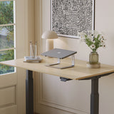 Slim silver laptop stand on light wood desk with lamp, flowers, and modern wall art in a bright home office