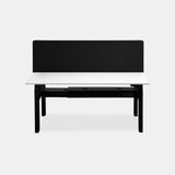 Urbanica two-person standing office desk panel with white tabletop, black frame, and full privacy screen – modern dual workstation