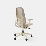 Rear view of the Urbanica Ergonomic Novo Chair in beige, featuring a breathable mesh back, adjustable lumbar support, and a sleek five-star base for ultimate ergonomic comfort.