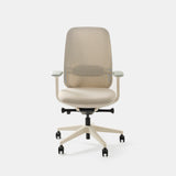 Front view of the Urbanica Ergonomic Novo Chair in sand beige, featuring a breathable mesh back, contoured seat, and adjustable armrests for ergonomic support and modern workspaces.