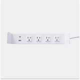 Urbanica flush-mount in-desk power outlet featuring four AC sockets, USB-A, and USB-C ports on a clean white panel, designed for modern desks and workspaces.