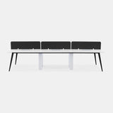 Front view of the Urbanica Six Person Office Workstation Desk Panel with privacy screens and sleek black and white legs, designed for modern collaborative workspaces