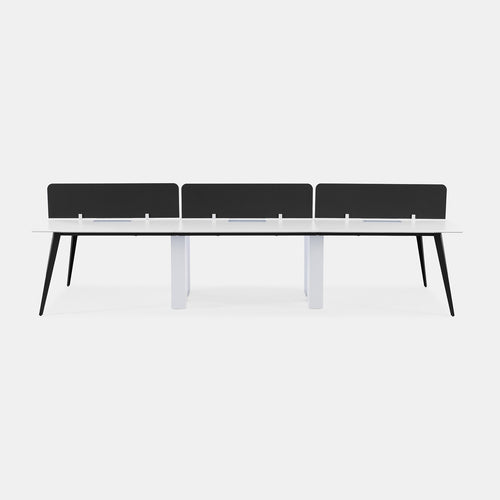 Front view of the Urbanica Six Person Office Workstation Desk Panel with privacy screens and sleek black and white legs, designed for modern collaborative workspaces