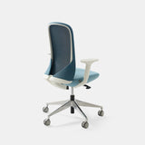Angled rear view of the Urbanica Ergonomic Muse Chair in blue and white, highlighting breathable mesh back, lumbar-cradling frame, and polished base for ergonomic support.