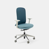 Urbanica Ergonomic Muse Chair in soft blue with white frame, shown at an angle to highlight mesh backrest, contoured seat cushion, and smooth-rolling caster base for modern workspace comfort.