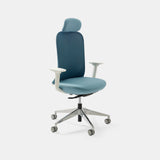 Front-facing view of the Urbanica Ergonomic Muse Chair Headrest in soft blue, featuring adjustable armrests, contoured cushioning, and breathable mesh back.